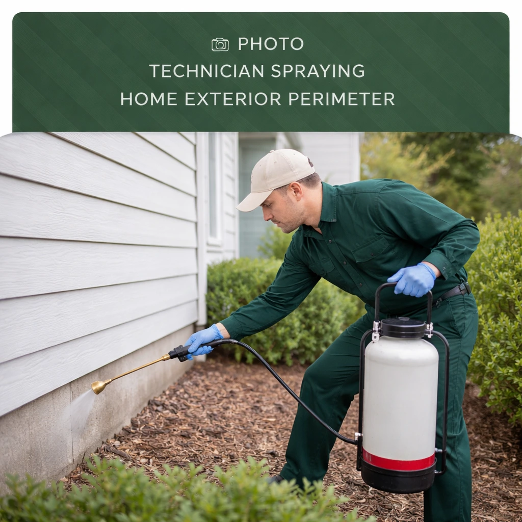 Technician spraying home exterior perimeter for pest control