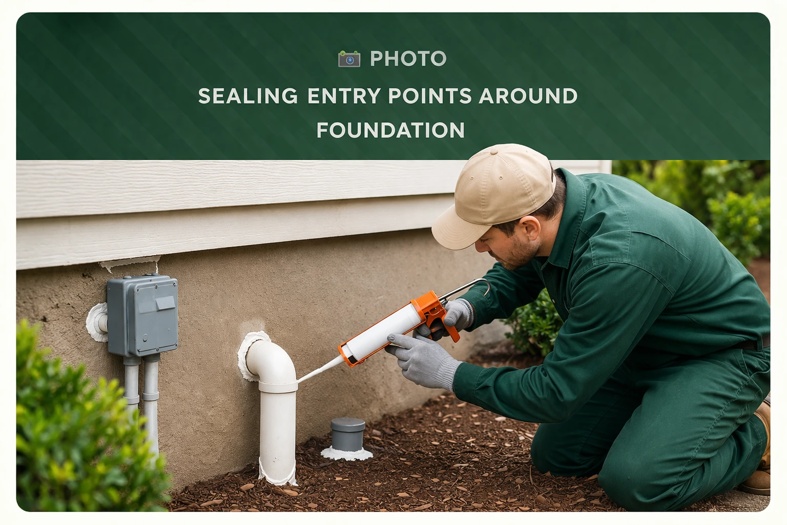 Technician sealing pest entry points around home foundation